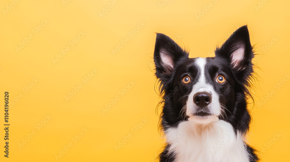 Alert border collie dog with upright ears against bright yellow background Alert border collie dog with upright ears against bright yellow background