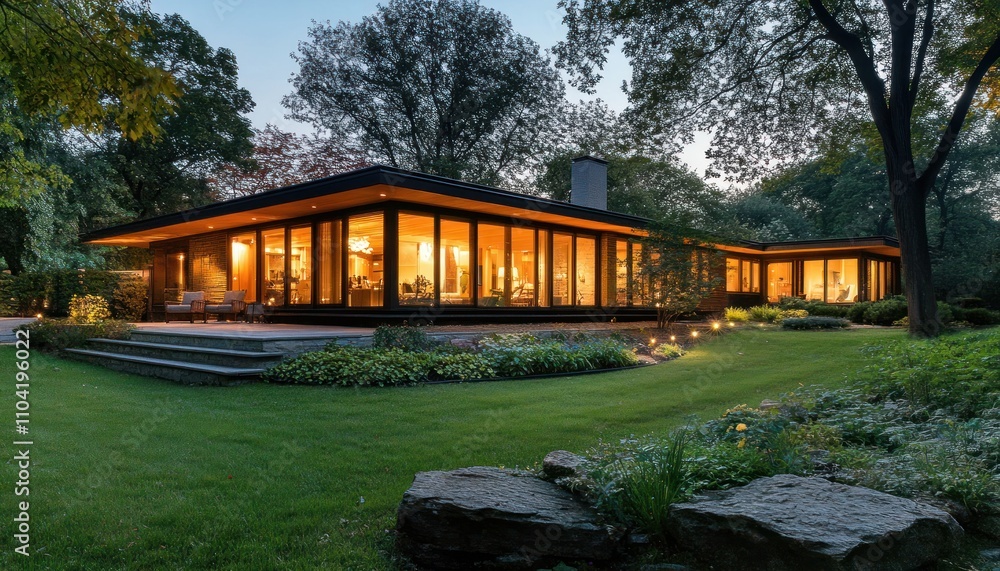 Modern House with Large Windows Illuminated at Dusk Modern House with Large Windows Illuminated at Dusk