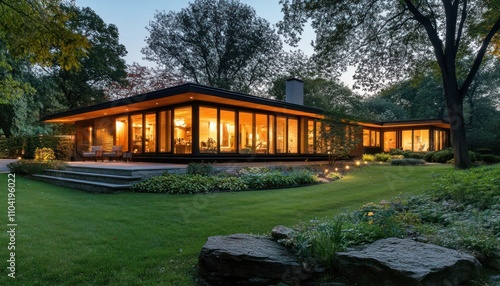 Modern House with Large Windows Illuminated at Dusk