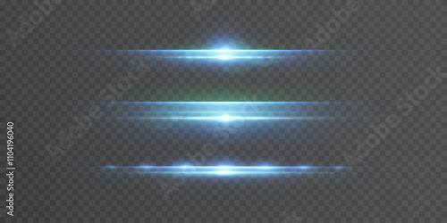 Abstract blue horizontal glow. Bright light of flickering laser beams on transparent background.