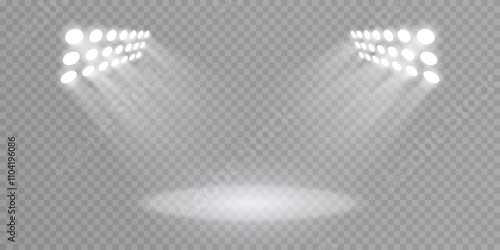Stage and stadium lighting with bright LED strobe lights. Laser light show. Empty stage before the performance. Spotlights on a transparent background.	
