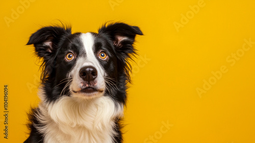 Alert border collie with black and white fur on vibrant yellow background