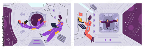 Vector illustrations with female astronauts working with a laptop in the cockpit of a spaceship.