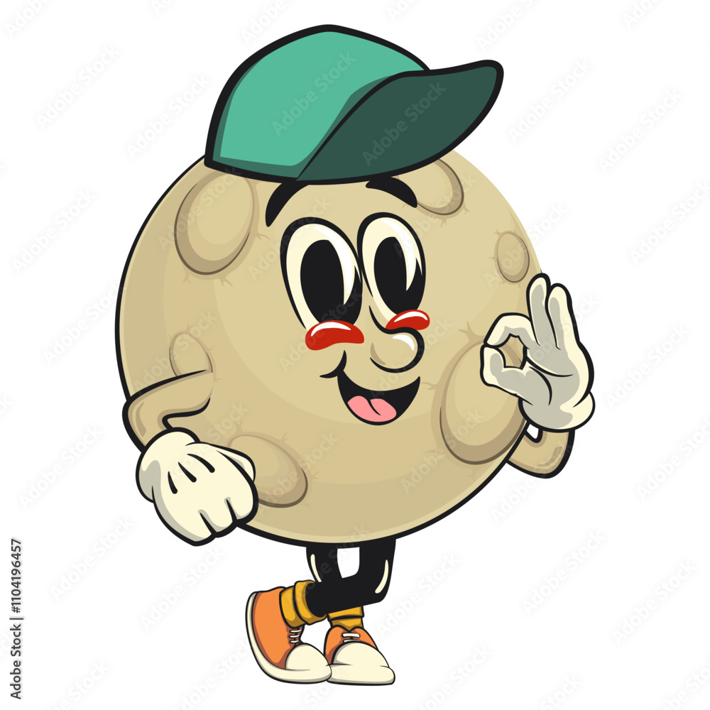 Moon mascot character illustration wearing a baseball cap while giving a thumbs up, cartoon mascot isolated, work of hand drawn Moon mascot character illustration wearing a baseball cap while giving a thumbs up, cartoon mascot isolated, work of hand drawn