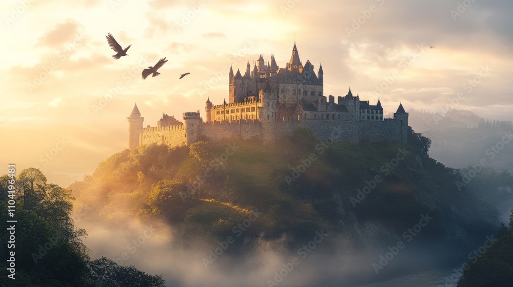 Majestic Castle on Mountain Top with Sunrise and Birds in the Sky Majestic Castle on Mountain Top with Sunrise and Birds in the Sky