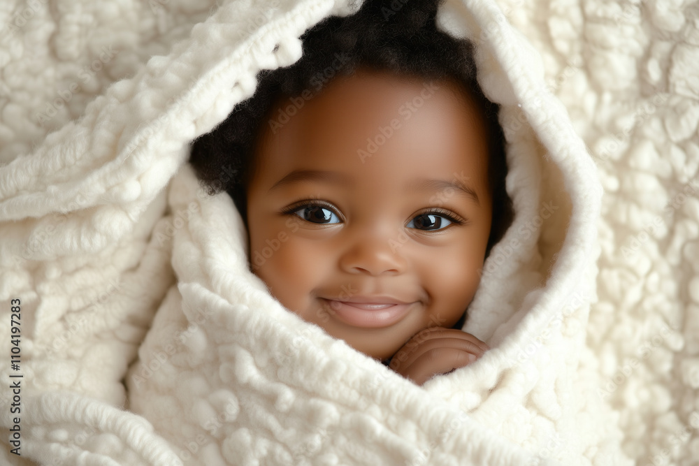 An Afro-American baby swaddled in a white blanket, with only their cute face peeking out, smiling gently An Afro-American baby swaddled in a white blanket, with only their cute face peeking out, smiling gently