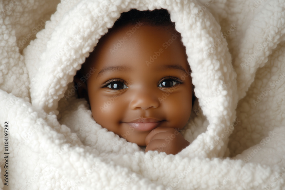 An Afro-American baby swaddled in a white blanket, with only their cute face peeking out, smiling gently An Afro-American baby swaddled in a white blanket, with only their cute face peeking out, smiling gently