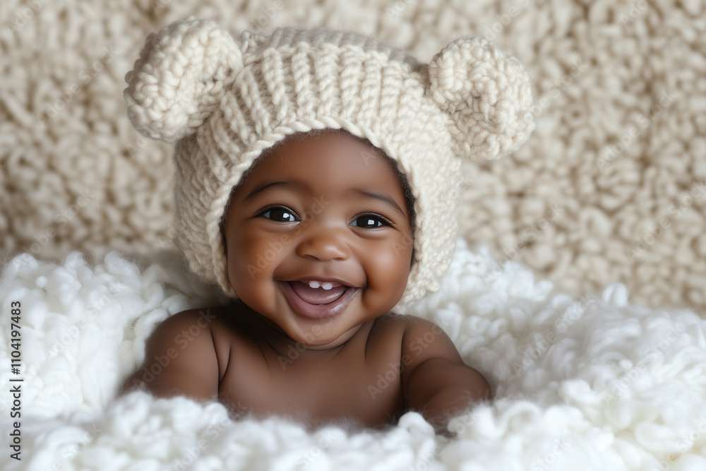 An Afro-American baby wearing a knitted animal hat, laughing while sitting on a soft white cushion An Afro-American baby wearing a knitted animal hat, laughing while sitting on a soft white cushion