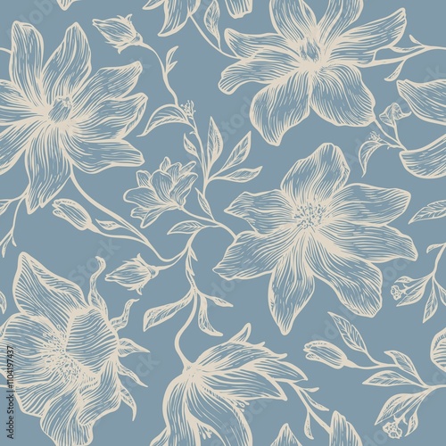 Seamless floral laconic retro vintage line drawing hand drawn inflorescence trending colors for fabric design, decor, ceramics, cards, flowers, texture print for backgrounds