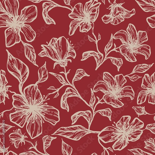 Seamless floral laconic retro vintage line drawing hand drawn inflorescences trend colors for fabric design, decor, ceramics, cards, flowers, texture print on bard, red background