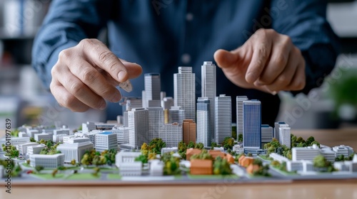 City planning and innovation symbolized by an architect's hand adjusting illuminated city model.