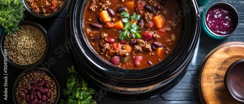 Hearty chili simmering in a crockpot, featuring beans, ground meat, and vegetables, garnished with fresh herbs, perfect for a cozy meal