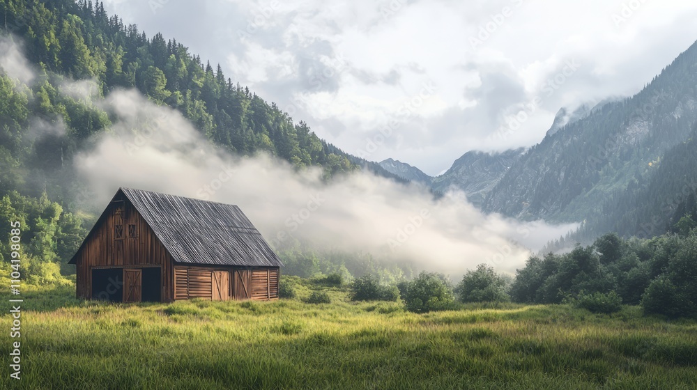 Serene Mountain Valley with Rustic Barn in Misty Morning Light | Ultra-Detailed Photorealistic Landscape Serene Mountain Valley with Rustic Barn in Misty Morning Light | Ultra-Detailed Photorealistic Landscape