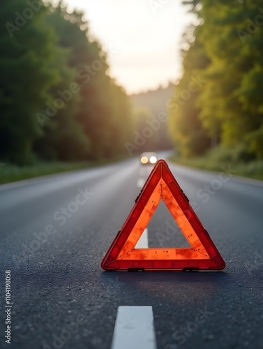 red emergency triangle on the road indicates that there is an accident or car breakdown on the road ahead.