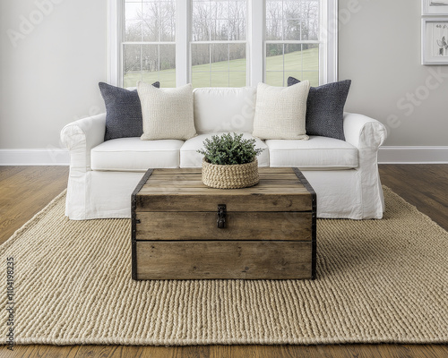 cozy rustic living room featuring white slipcovered sofa, wooden coffee table, and decorative photo