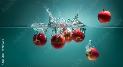 Apples Falling into Splashing Water, Delicious Fruit, Healthy Health Food, Clear Wet & Refreshing Splash