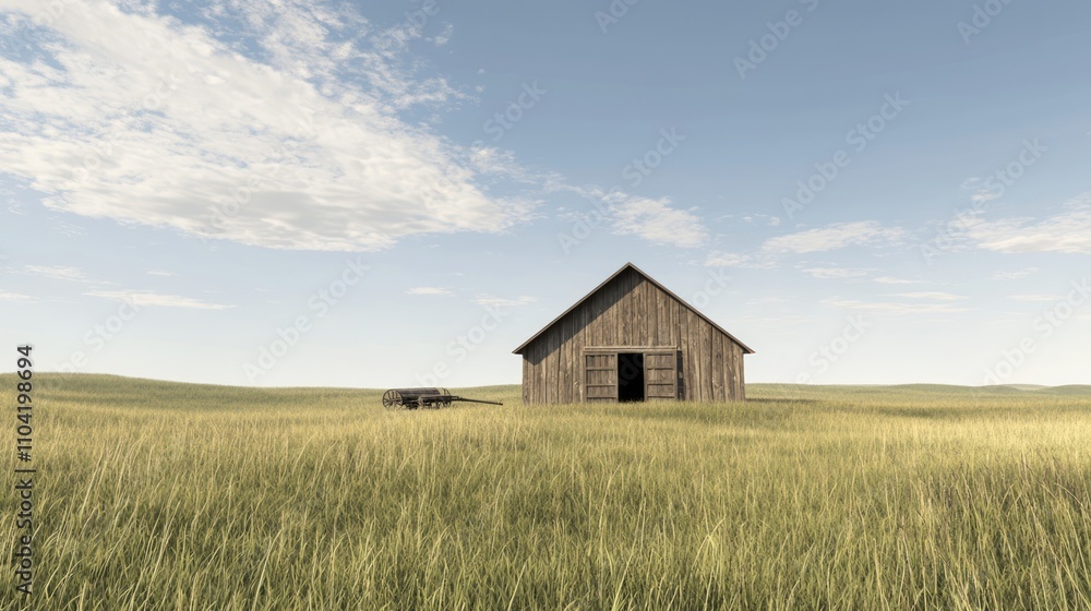 Tranquil Rustic Barn on Rolling Prairie with Wooden Wagon - Ultra-Detailed Photorealistic Scene Tranquil Rustic Barn on Rolling Prairie with Wooden Wagon - Ultra-Detailed Photorealistic Scene