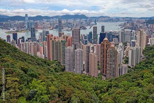 Panoramic daytime view of Hong Kong skyline, surrounded by lush green hills and a busy harbor photo