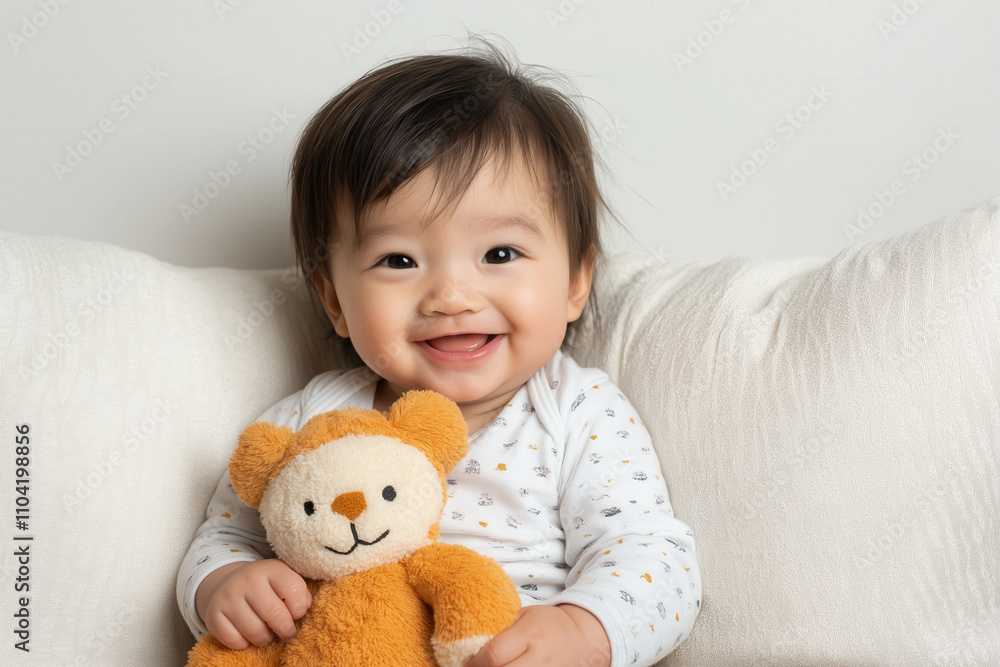 An Asian baby holding their favorite toy, sitting on a white cushion with a toothless grin An Asian baby holding their favorite toy, sitting on a white cushion with a toothless grin