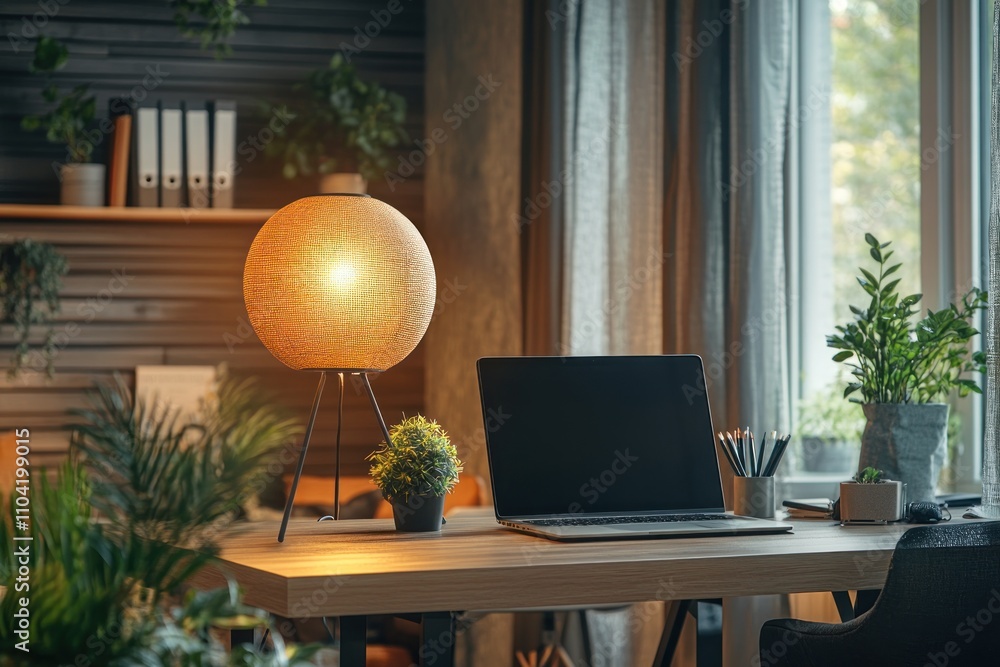 Fototapeta premium A laptop sits on a wooden desk next to a lamp with a round, fabric shade. There are plants on the desk and in the background.