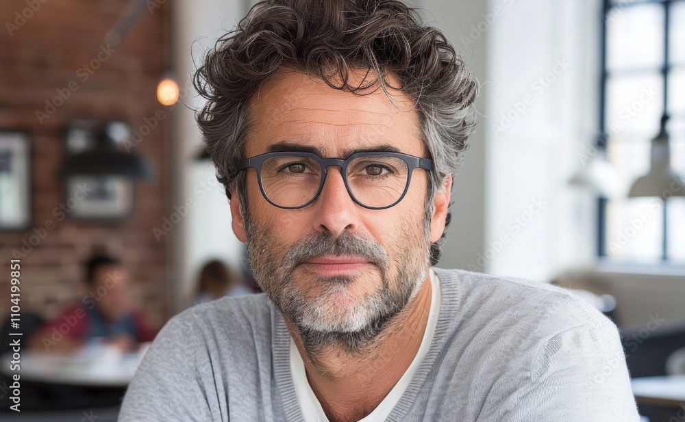 Portrait of a middle-aged man with glasses and curly hair in a modern cafe setting filled with natural light Portrait of a middle-aged man with glasses and curly hair in a modern cafe setting filled with natural light
