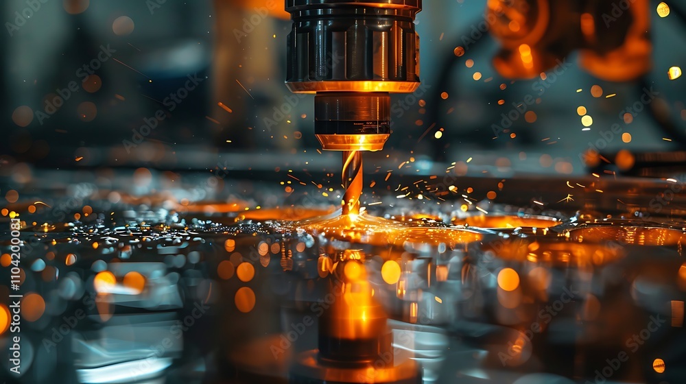 The dynamic process of CNC milling. A close-up view captures a metalworking drill bit in action, creating sparks and debris as it carves intricate details into a metal workpiece. The dynamic process of CNC milling. A close-up view captures a metalworking drill bit in action, creating sparks and debris as it carves intricate details into a metal workpiece.