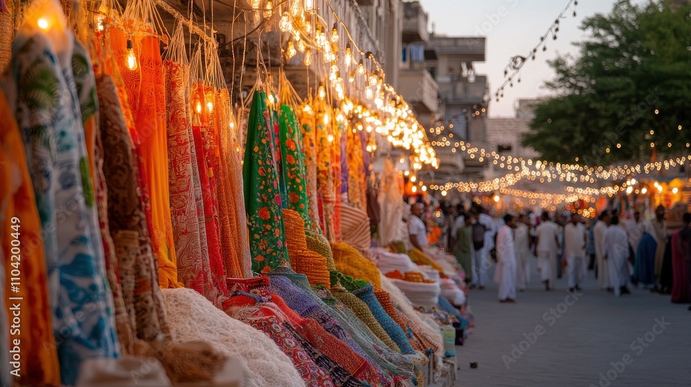 Obraz premium Vibrant cultural market bustling street evening lights urban environment festive atmosphere colorful textiles