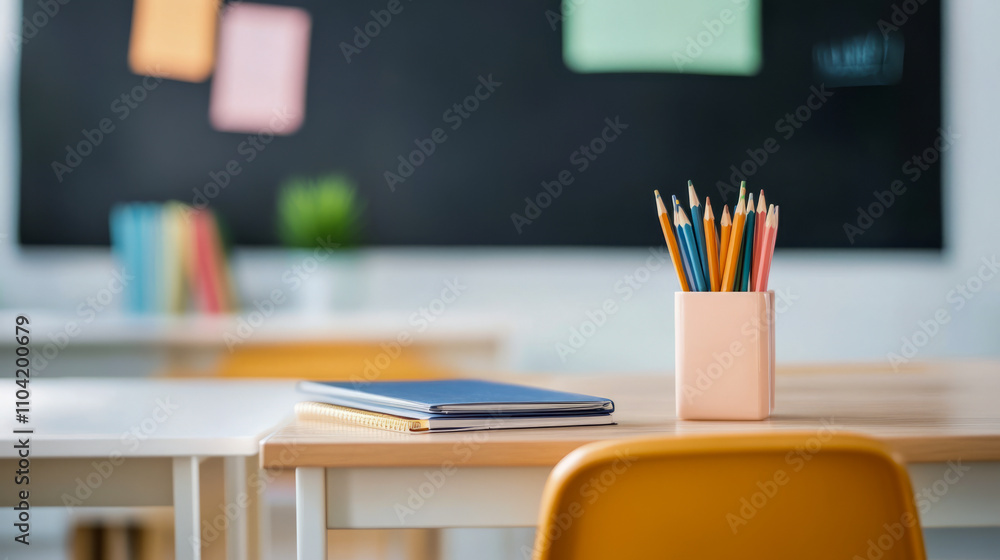 Classroom focus with pencils and notebook on desk in front of chalkboard Classroom focus with pencils and notebook on desk in front of chalkboard