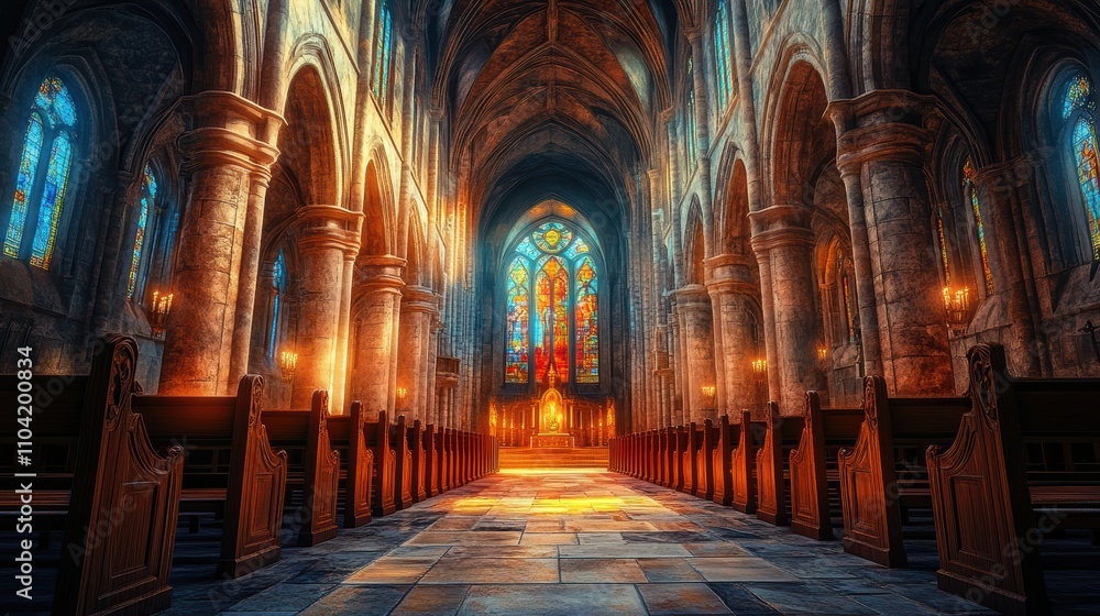 Fototapeta premium A serene interior of a grand cathedral with stained glass windows.