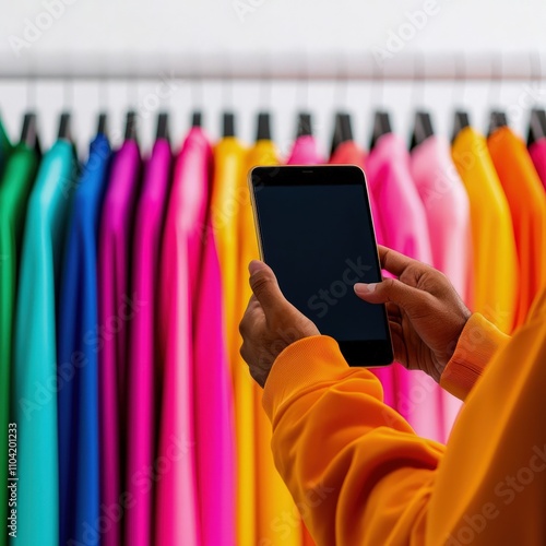 Person using smartphone near colorful clothing display in boutique store. photo