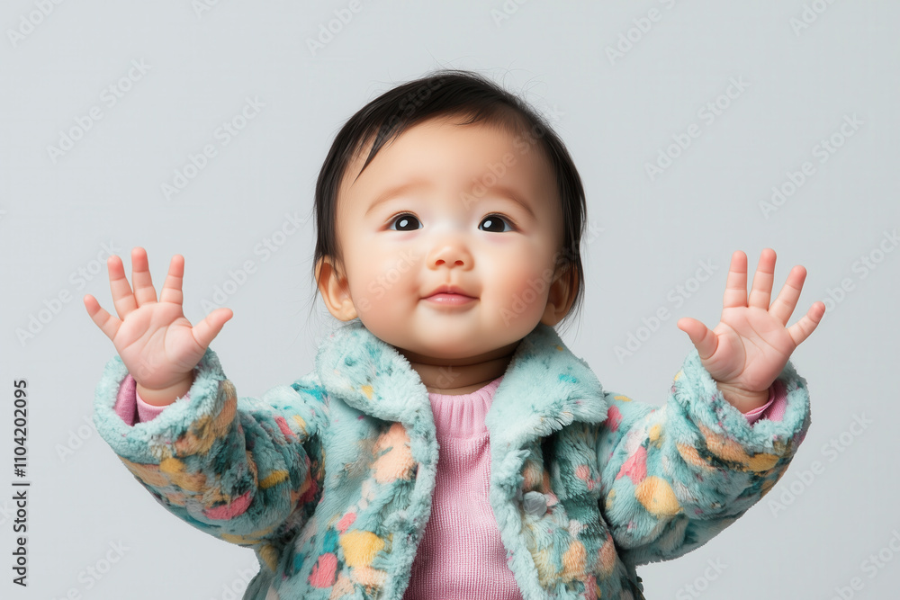 An Asian baby sitting up with their hands reaching out, wearing a pastel outfit and looking playful An Asian baby sitting up with their hands reaching out, wearing a pastel outfit and looking playful