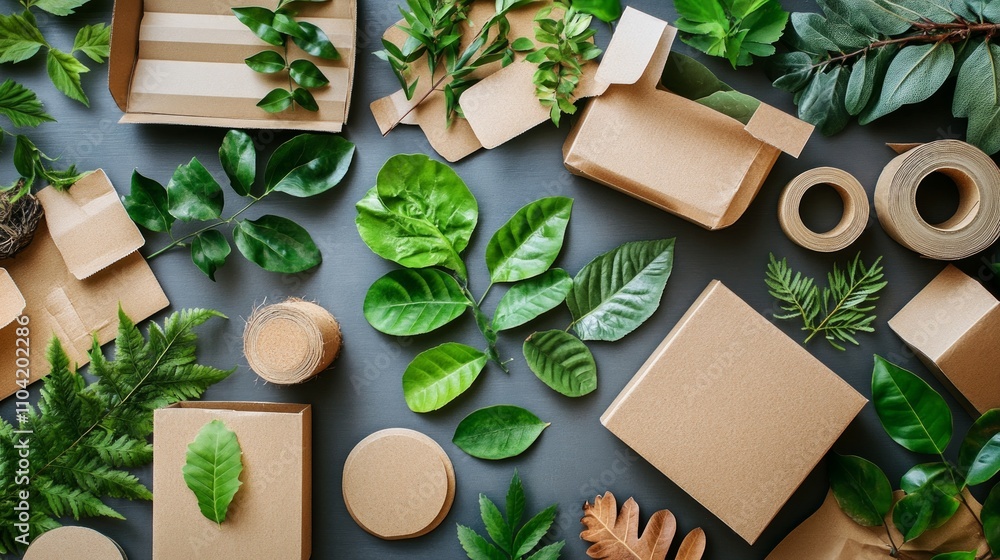 A display of eco-friendly packaging tools and materials including cardboard boxes, tape, and vibrant green leaves promoting sustainability and environmental care A display of eco-friendly packaging tools and materials including cardboard boxes, tape, and vibrant green leaves promoting sustainability and environmental care