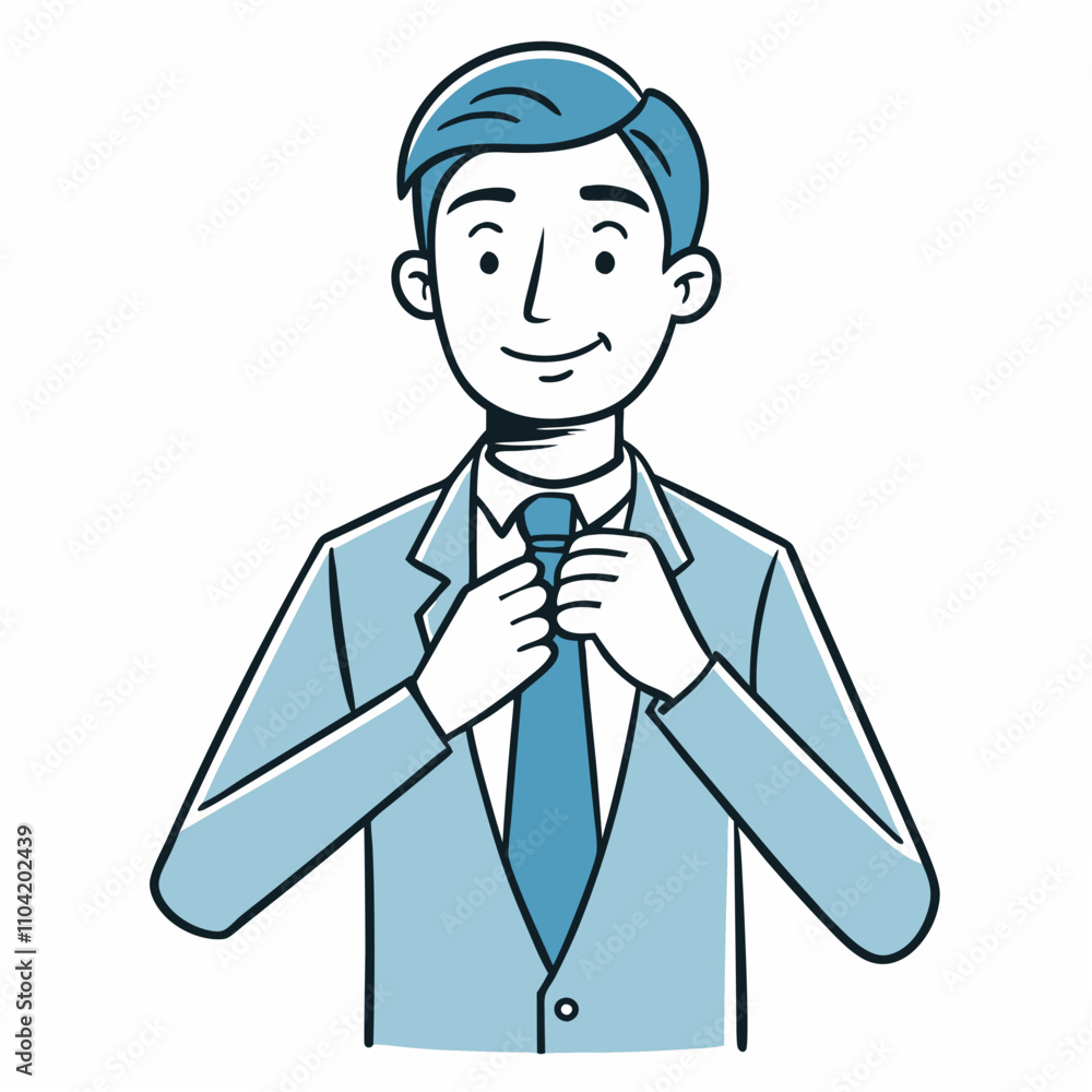 Line art of a businessman adjusting his tie in a professional style Line art of a businessman adjusting his tie in a professional style