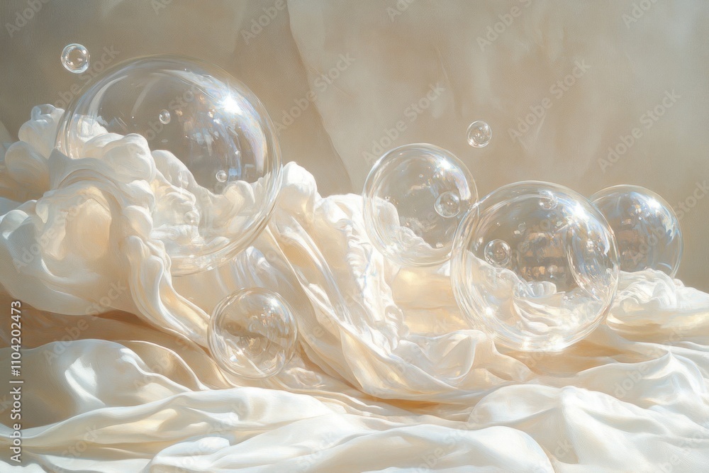 A serene composition of translucent bubbles resting on soft, flowing fabric. A serene composition of translucent bubbles resting on soft, flowing fabric.