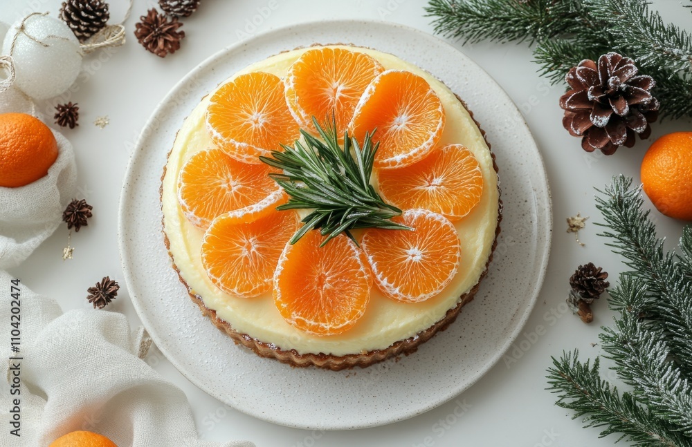 Mandarin and Rosemary Cheesecake on a White Table Mandarin and Rosemary Cheesecake on a White Table
