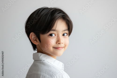 An Asian boy in a light blue linen shirt, sitting on a stool and smiling shyly at the camera photo