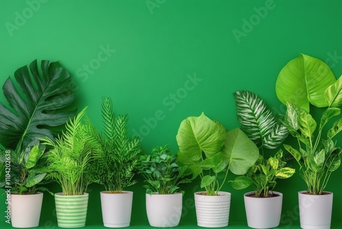 Collection of diverse indoor plants arranged on a grey surface in bright natural light