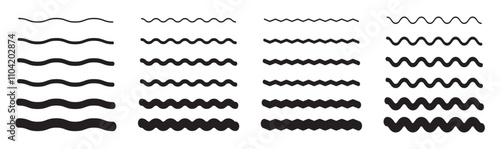 Wavy, curvy lines. Simple undulate borders, transverse horizontal lines. Sine, fluid, air, wind signs. Water, river, lake, sea ocean symbol. Outline graphic illustration on a white background.