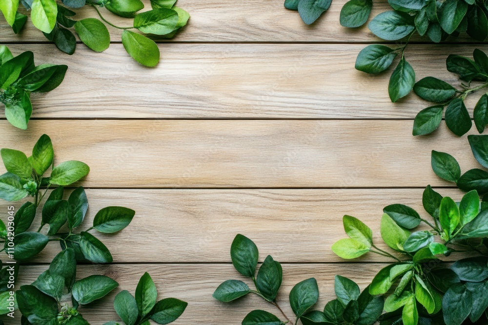 A wooden background framed by green leaves with copy space in the center. A wooden background framed by green leaves with copy space in the center.