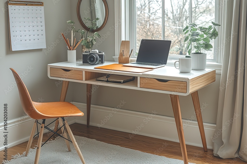 A desk with a laptop, a chair, and a potted plant A desk with a laptop, a chair, and a potted plant