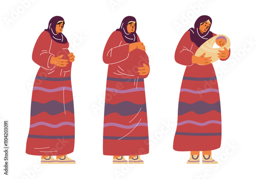 Vector illustration of an islamic woman in pregnancy stages.