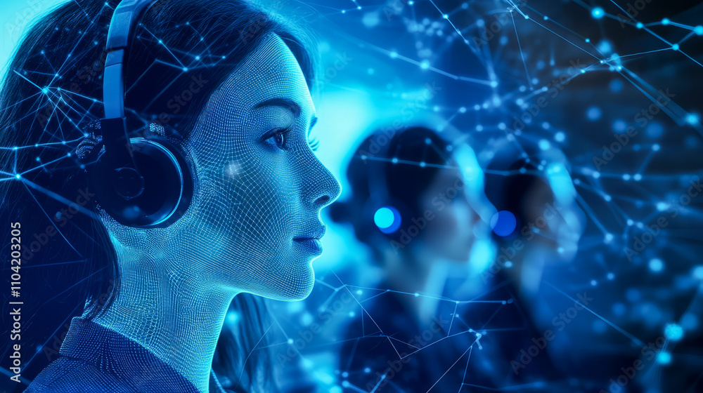 Asian female in virtual reality network concept with headset and digital connections Asian female in virtual reality network concept with headset and digital connections