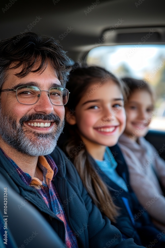 A father and his two daughters smile brightly while sitting in the front seat of a car. Their expressions reflect joy and warmth on a sunny day A father and his two daughters smile brightly while sitting in the front seat of a car. Their expressions reflect joy and warmth on a sunny day
