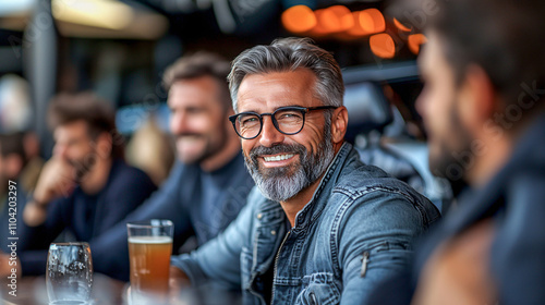 Smiling mature man enjoying beer with friends at outdoor pub