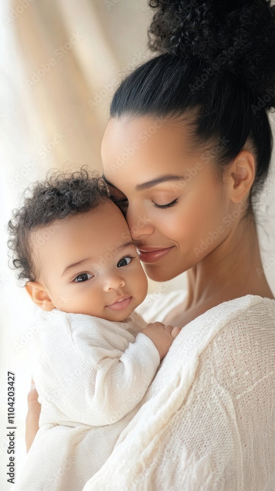 Mother gently holds her smiling baby close in a cozy indoor setting during soft daylight hours Mother gently holds her smiling baby close in a cozy indoor setting during soft daylight hours