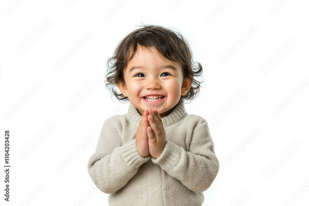 An Asian toddler wearing a light grey jumper, clapping their hands with a big grin on their face An Asian toddler wearing a light grey jumper, clapping their hands with a big grin on their face