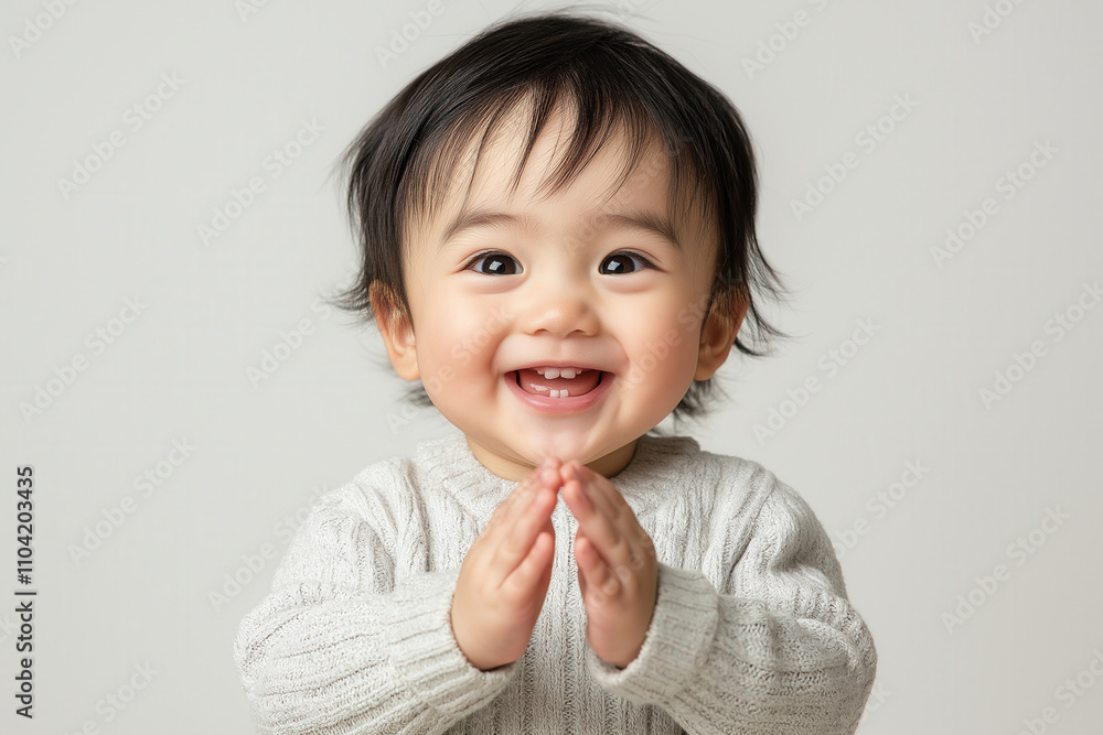 An Asian toddler wearing a light grey jumper, clapping their hands with a big grin on their face An Asian toddler wearing a light grey jumper, clapping their hands with a big grin on their face