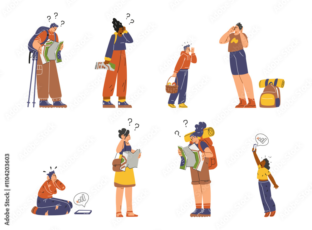 Set of people lost in the wilderness. Set of people lost in the wilderness.