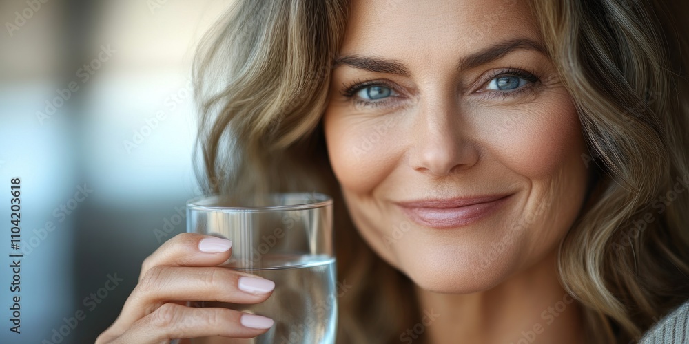 Close-up portrait of a beautiful woman smiling as she holds a glass of water. Close-up portrait of a beautiful woman smiling as she holds a glass of water.