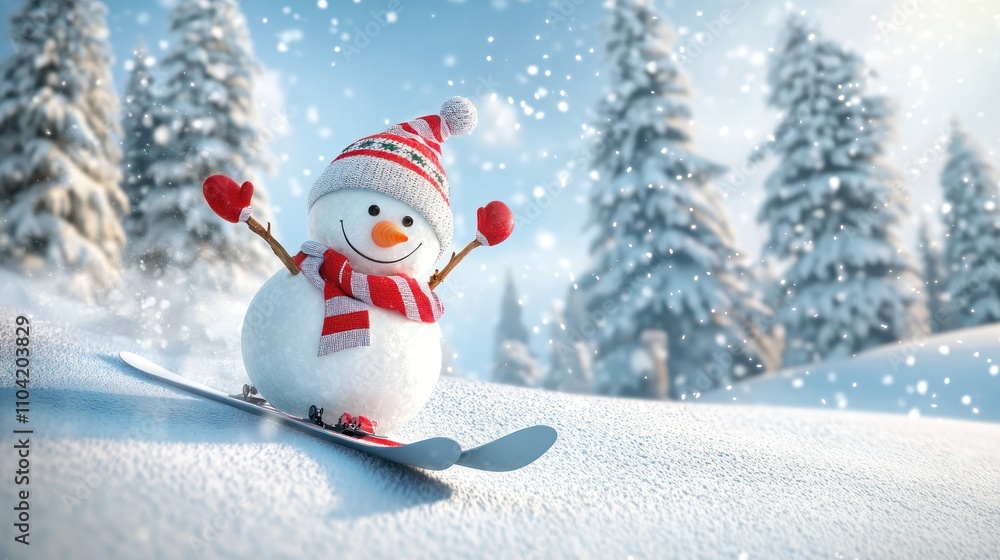 Fototapeta premium A Cheerful Snowman Skiing Down a Snowy Slope